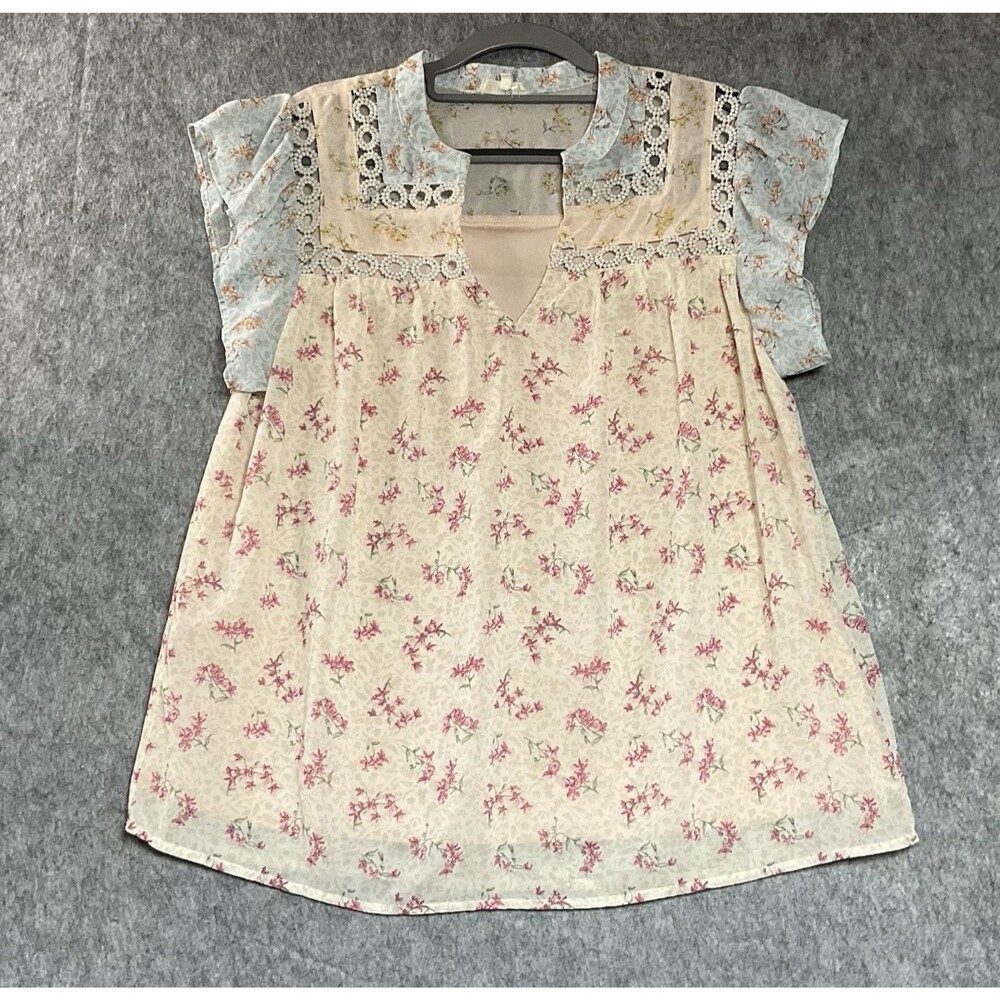 Entro Anthropologie Shirt Womens Medium Cream Floral Top Boho Cottage Prairie